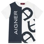 Boys White & Navy Blue Logo Pyjamas, 1, hi-res