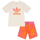 Girls Beige & Pink Trefoil Shorts Set, 1, hi-res