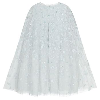Girls Blue Sequin & Flower Tulle Cape Dress