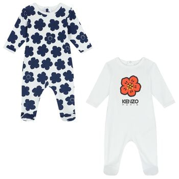 White & Navy Boke Flower Babygrows ( 2 Pack )
