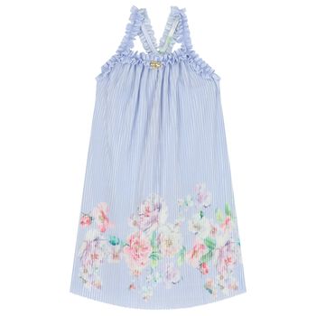 Girls Blue Floral Pleated Dress
