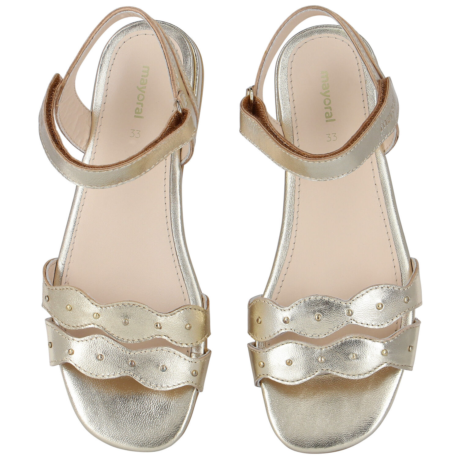 Girls Gold Leather Scalloped Sandals, 1, hi-res