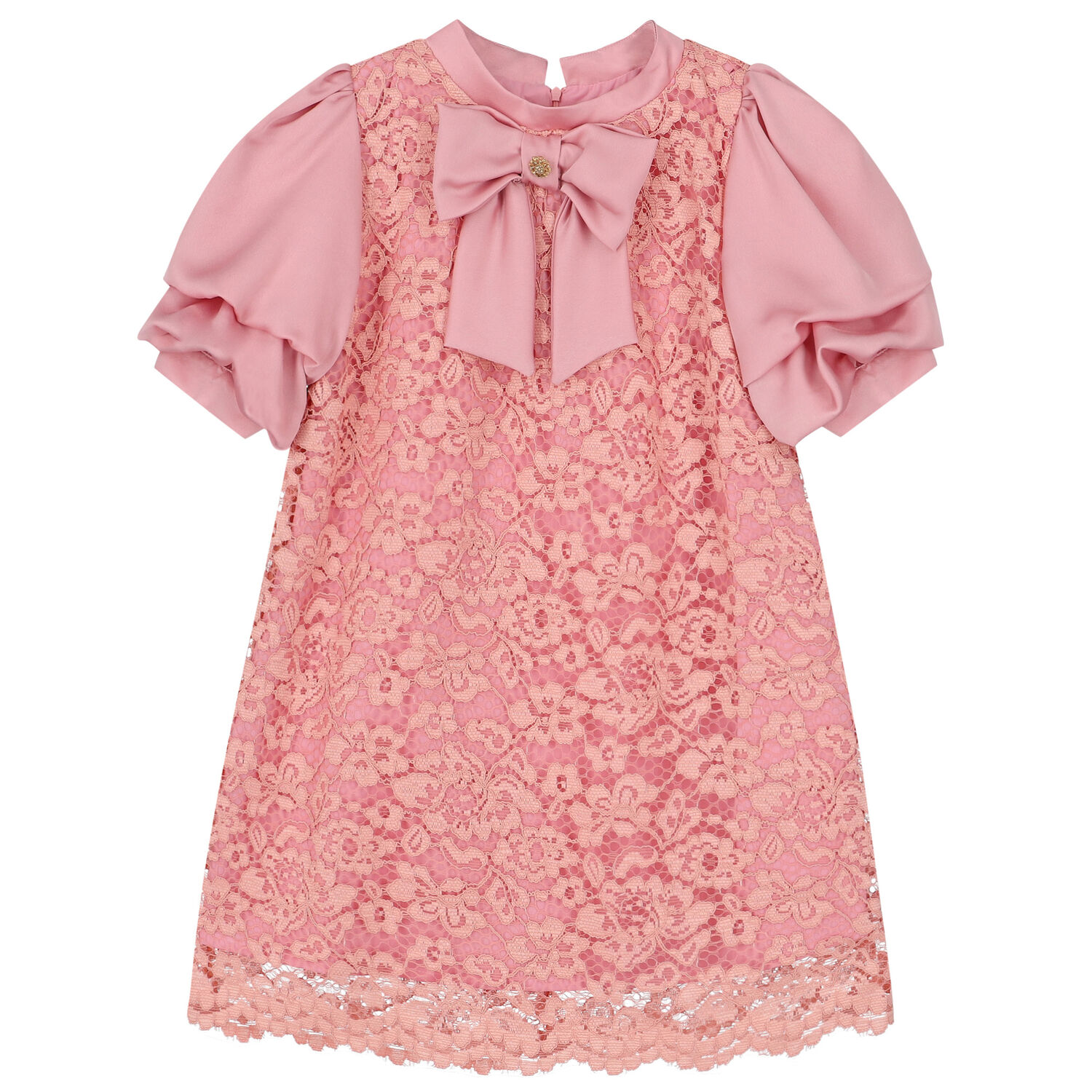 Girls Pink Satin & Lace Dress, 2, hi-res