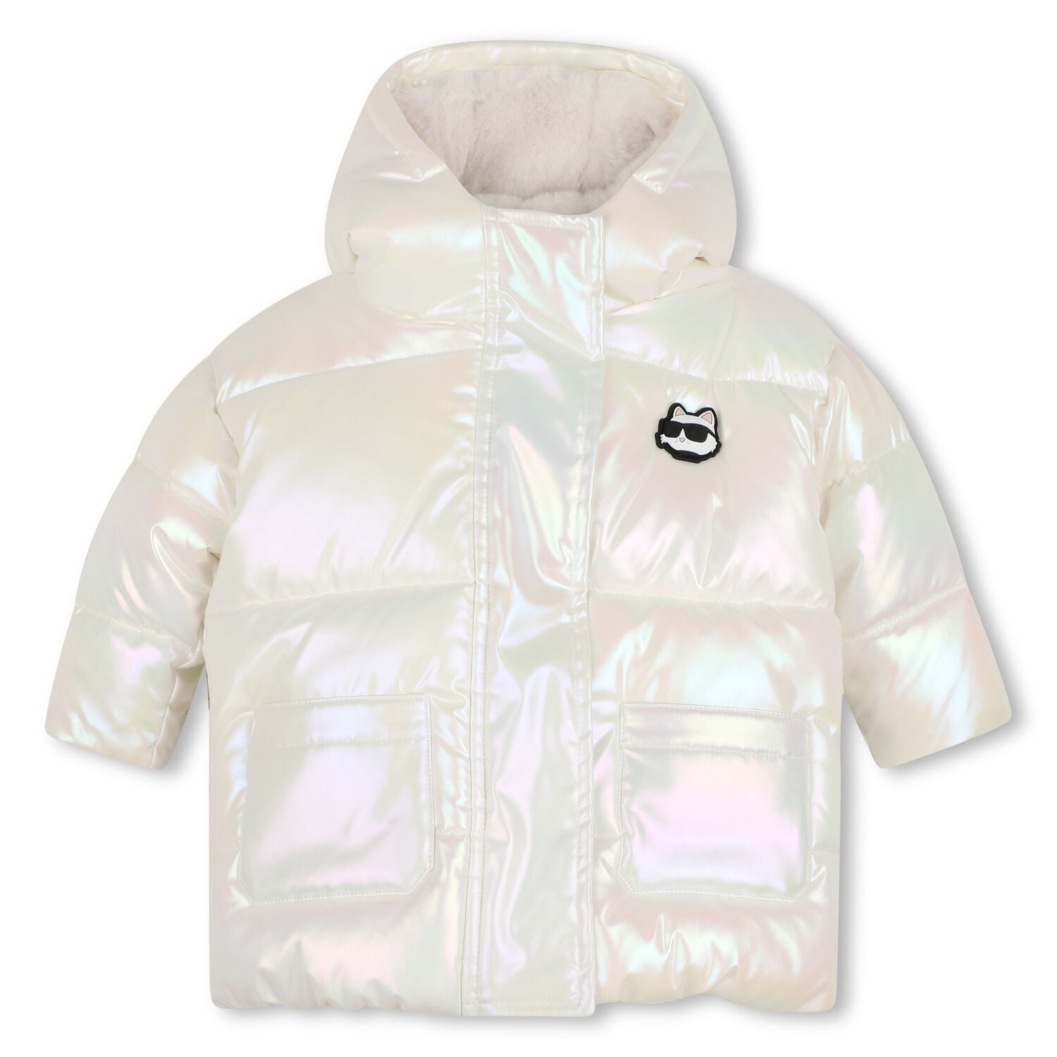 Younger Girls Ivory Iridescent Puffer Jacket, 1, hi-res