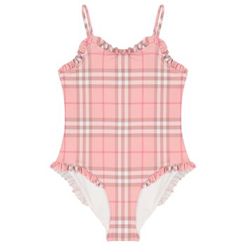 Girls Pink Check Ruffled Swimsuit