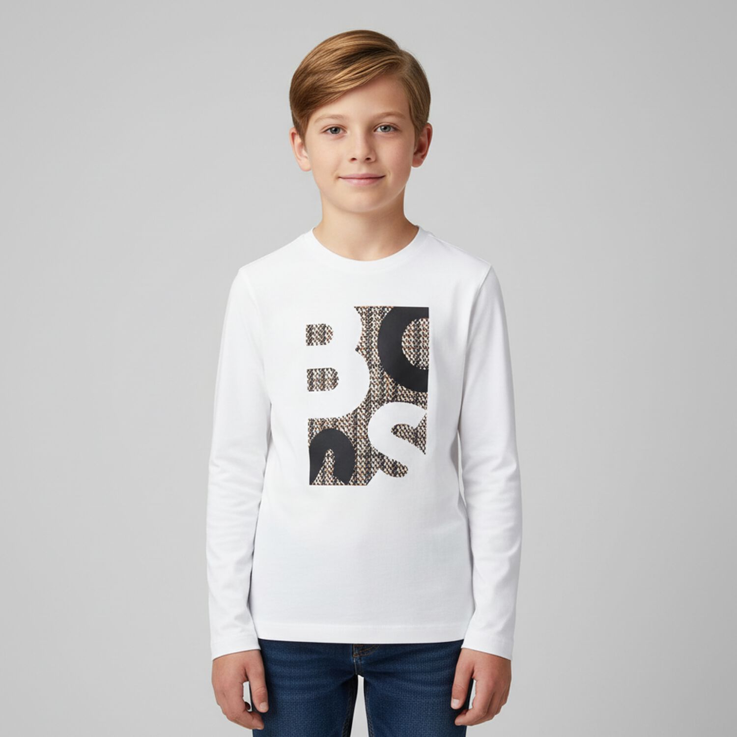 Boys White Logo Long Sleeve Top, 2, hi-res image number null