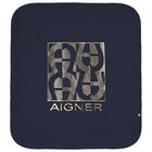 Baby Boys Navy Blue & Gold Logo Blanket, 3, hi-res