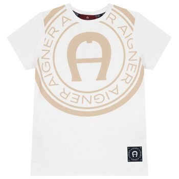 Boys White & Beige Logo T-Shirt