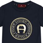 Younger Boys Navy Blue & Gold Logo T-Shirt, 2, hi-res