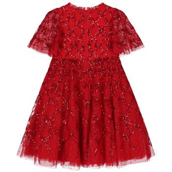 Girls Red Bow Lattice Sequin Tulle Dress
