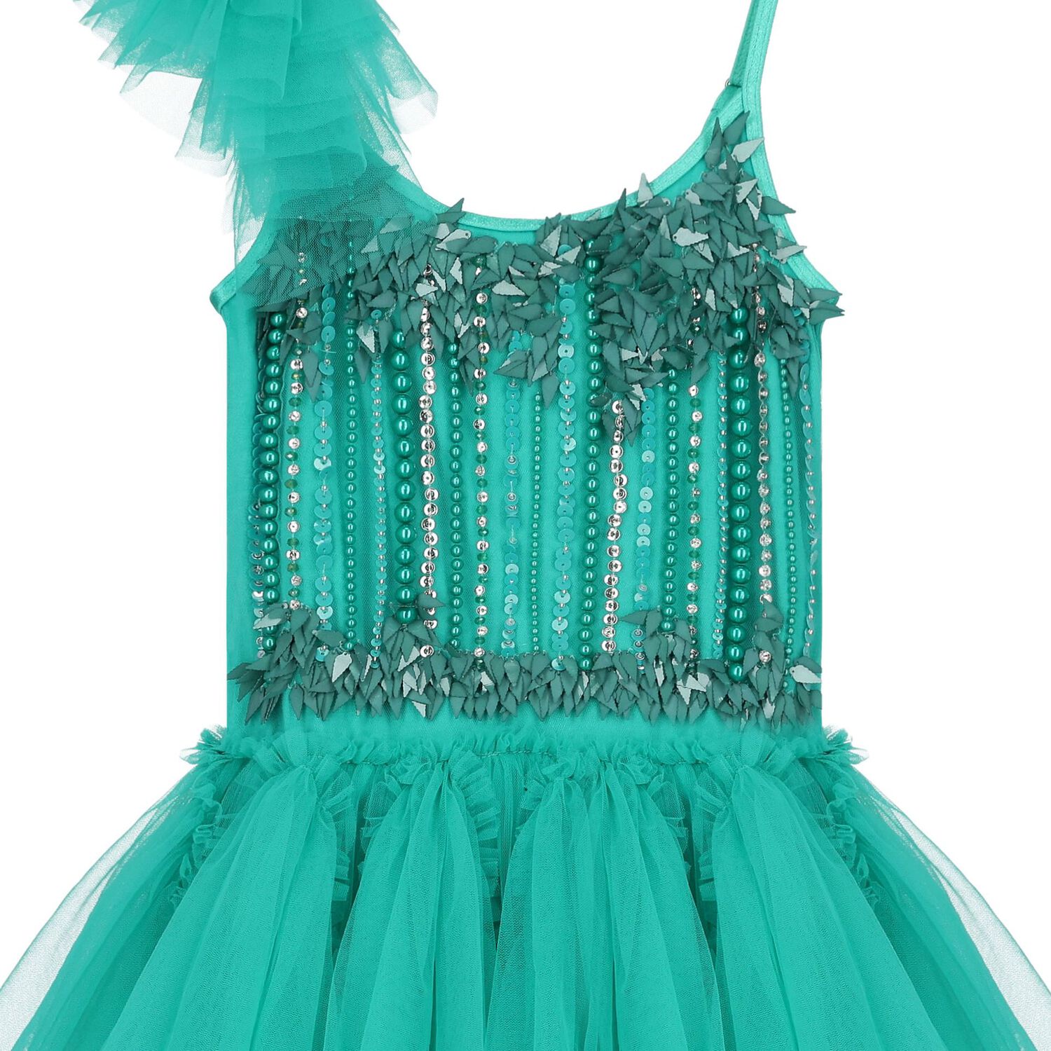 Girls Green Ruffled Tulle Dress, 1, hi-res