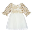 Girls White & Gold Organza Dress, 1, hi-res