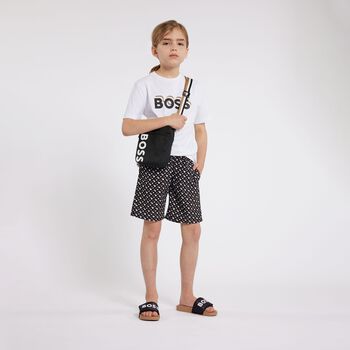 Boys Black, Beige & White Logo Swim Shorts