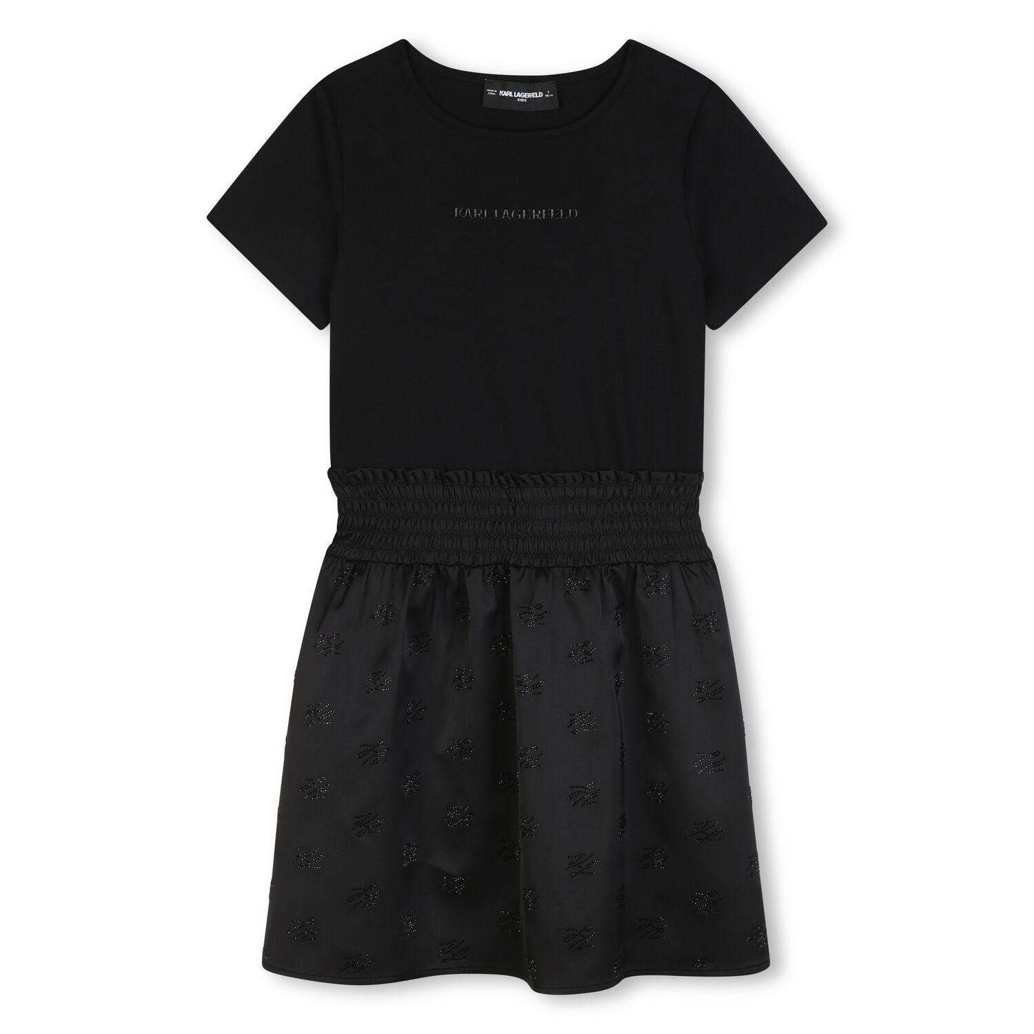 Mini Me Girls Black Logo Rhinestone Dress, 1, hi-res