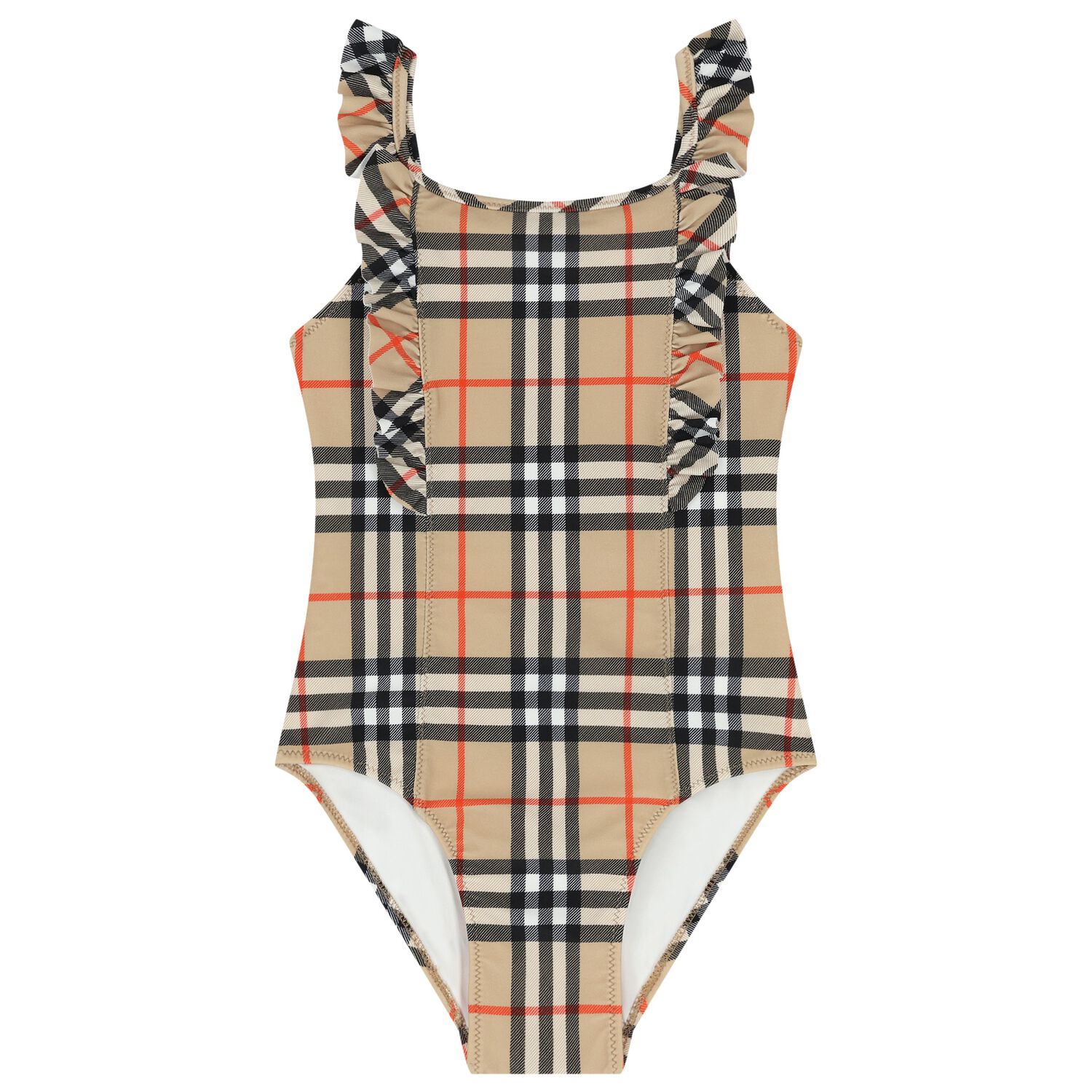 Girls Beige Check Ruffled Swimsuit, 1, hi-res