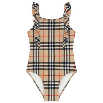 Girls Beige Check Ruffled Swimsuit