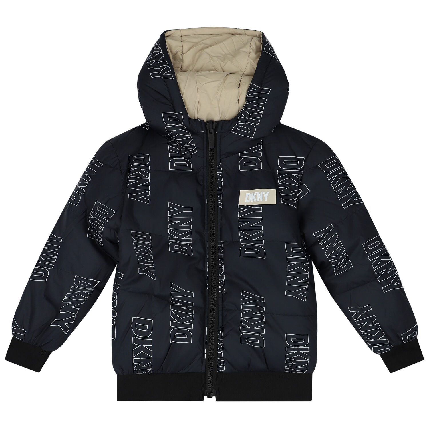 Black & Beige Logo Reversible Puffer Jacket, 1, hi-res