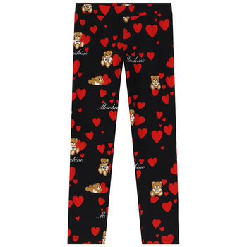 Girls Black Teddy Bear & Hearts Leggings