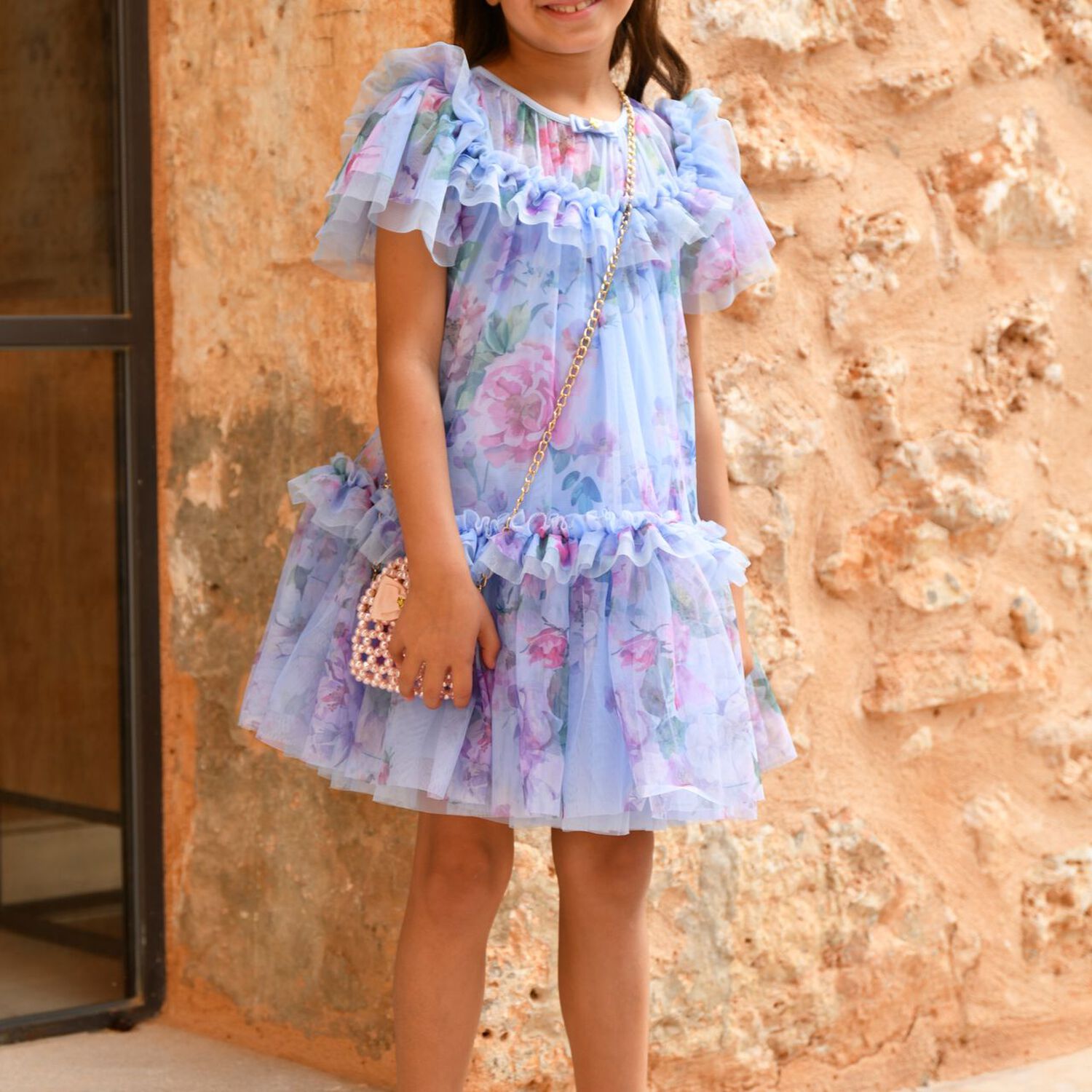 Girls Gold Bow Tulle Dress, 1, hi-res