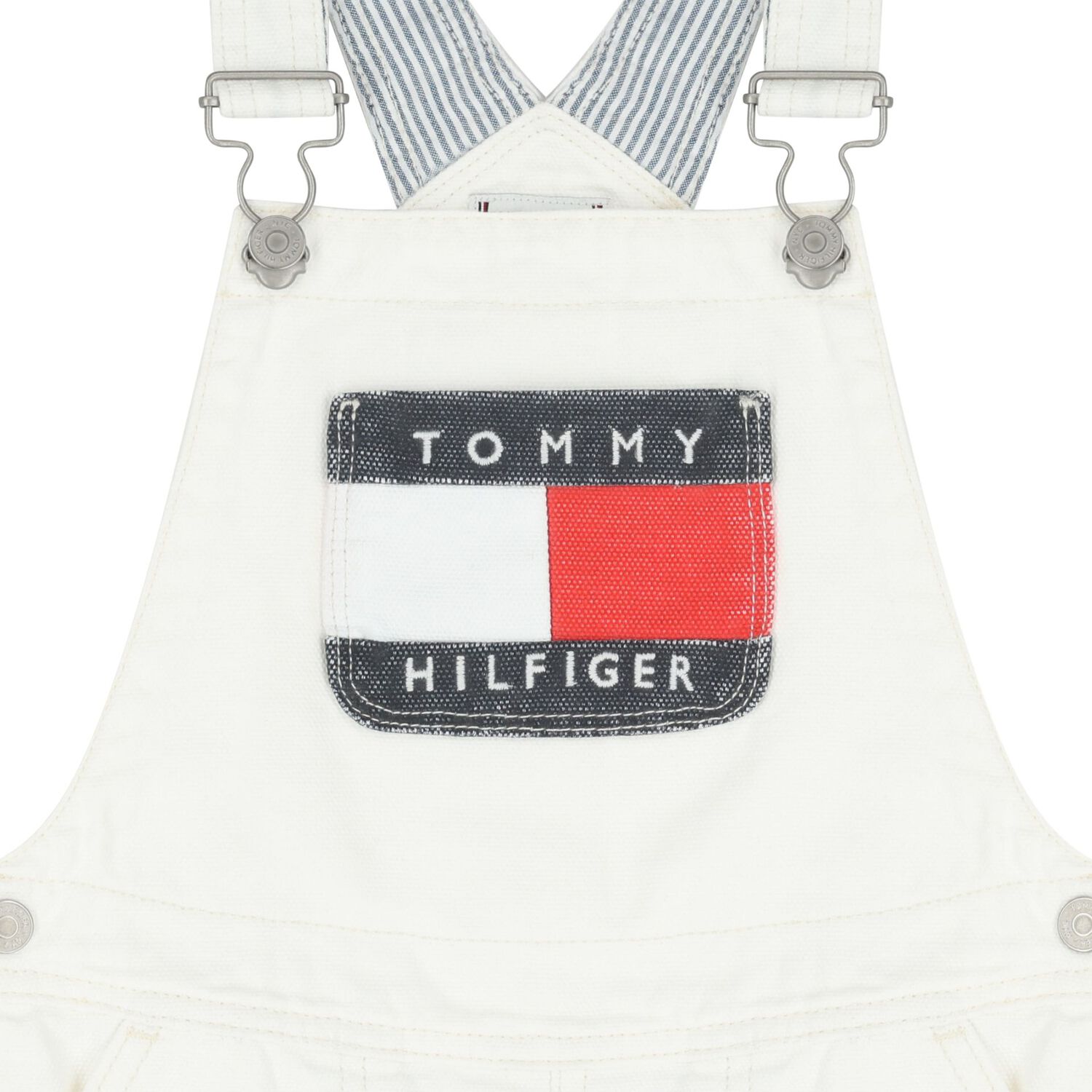Girls White Denim Dungaree Dress, 1, hi-res