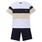 Boys White, Black & Beige Striped Shorts Set, 1, hi-res