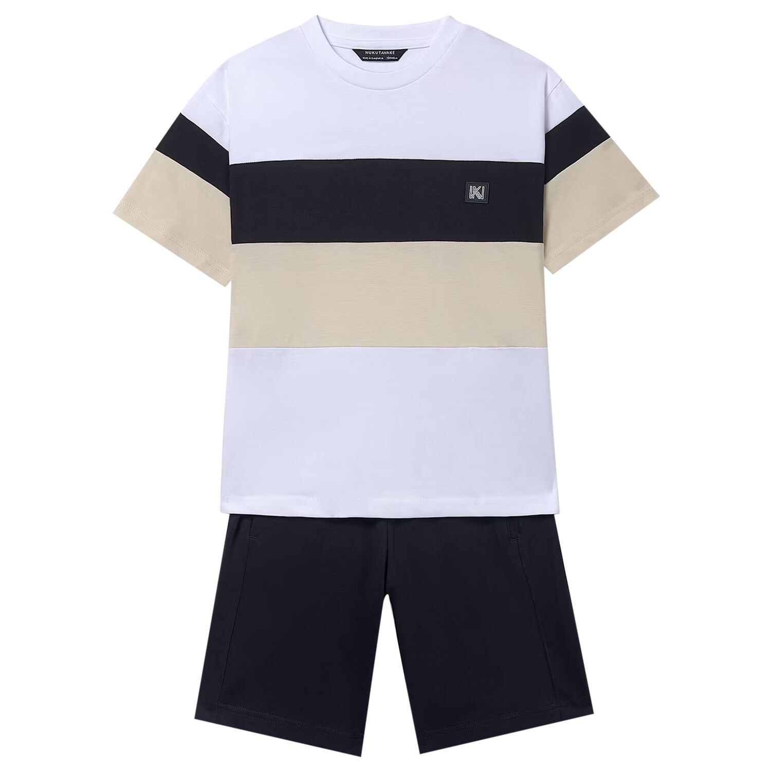 Boys White, Black & Beige Striped Shorts Set, 1, hi-res