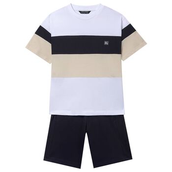 Boys White, Black & Beige Striped Shorts Set