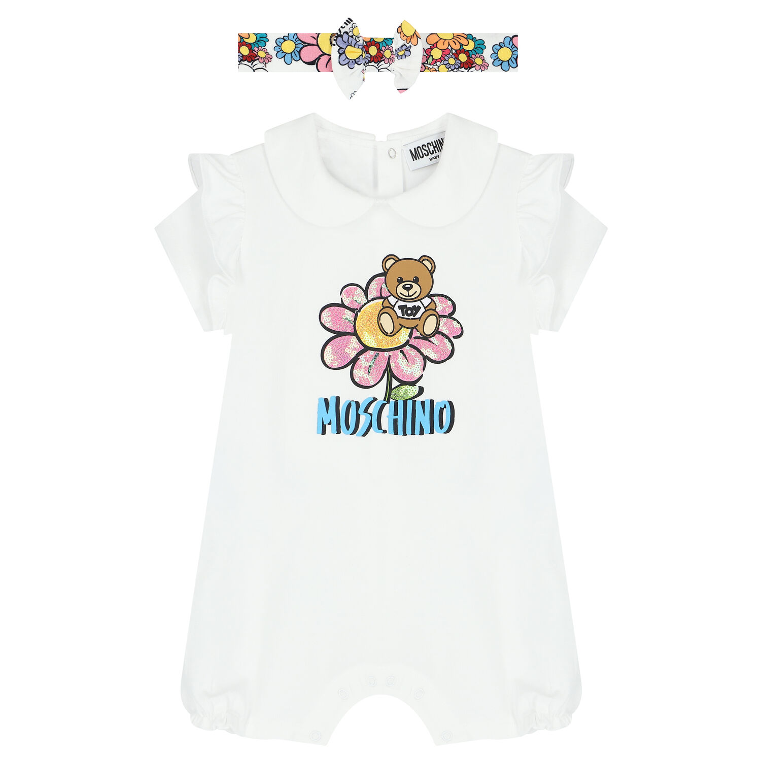 White Teddy Bear Logo Baby Romper Set, 2, hi-res