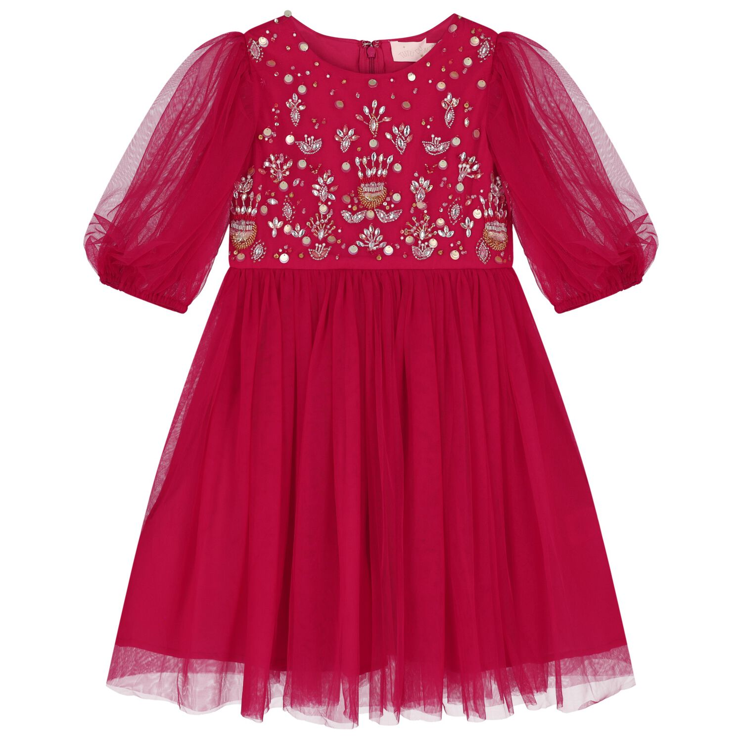 Girls Red Embellished Tulle Dress, 1, hi-res