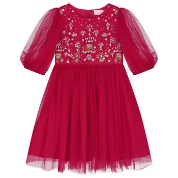 Girls Red Embellished Tulle Dress