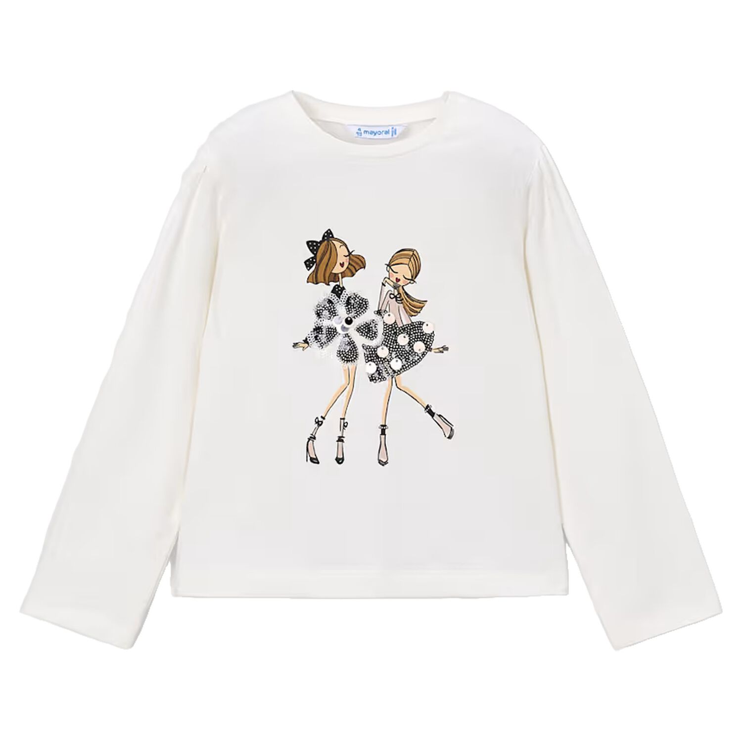 Girls White Long Sleeve Top, 1, hi-res