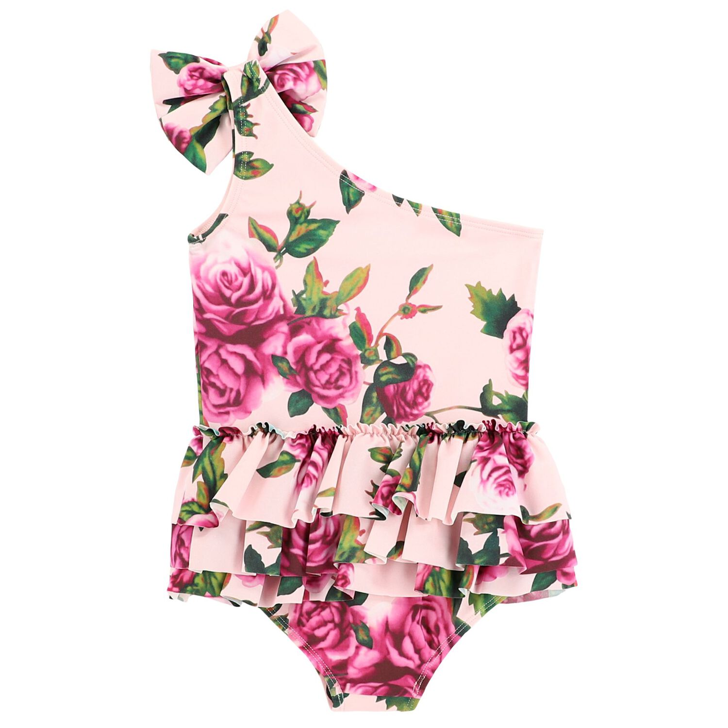 Girls Pink One Shoulder Floral Swimsuit, 3, hi-res
