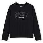 Girls Black Embellished Logo Long Sleeve Top, 1, hi-res
