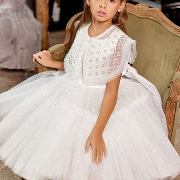 Girls White Embellished Tulle Dress