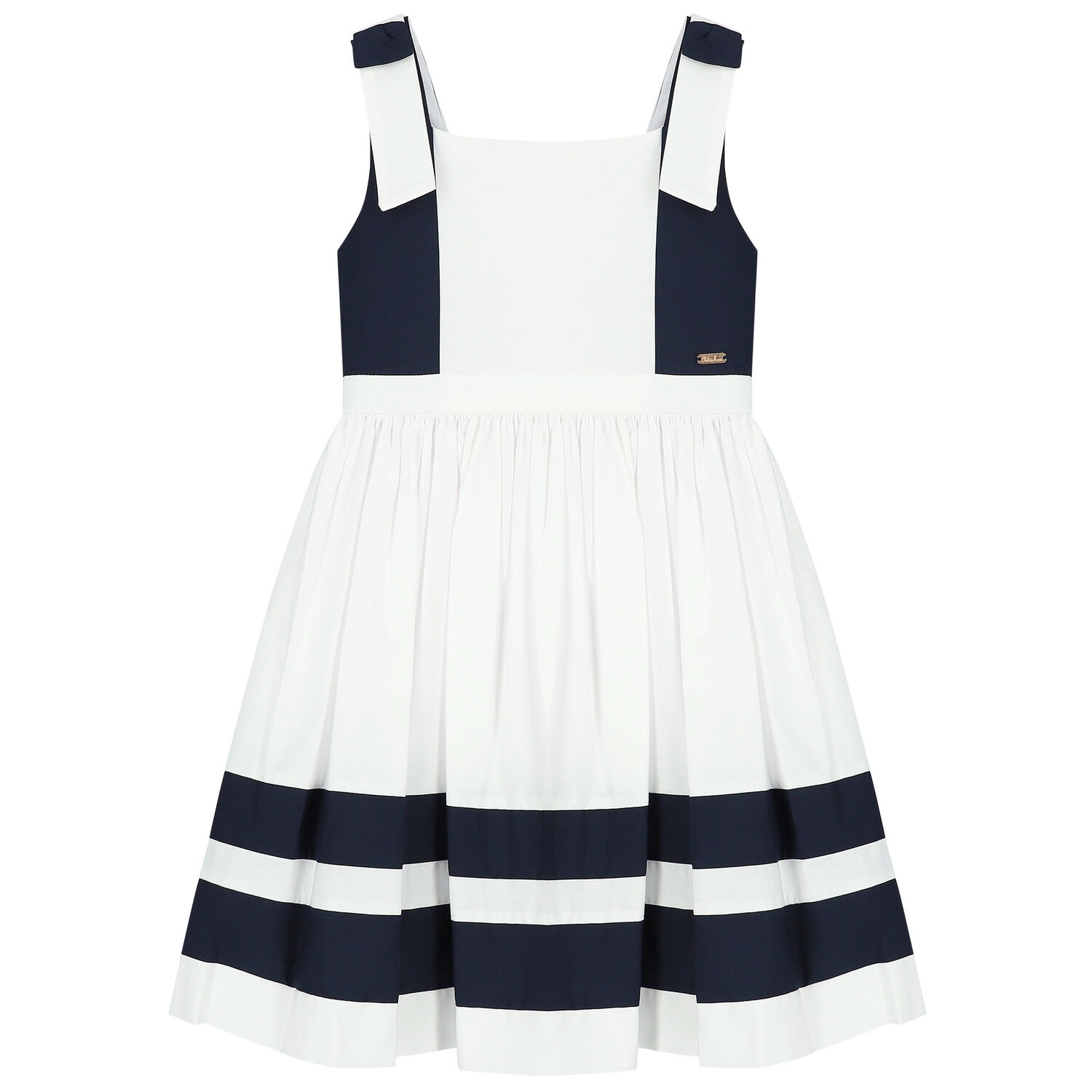 Girls White & Navy Blue Bow Dress, 1, hi-res