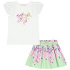 Girls White & Green Floral Skirt Set, 1, hi-res