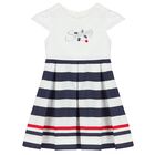 Girls White & Navy Blue Striped Dress, 1, hi-res