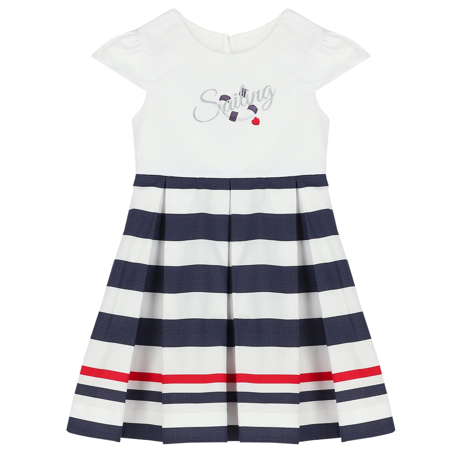 Girls White & Navy Blue Striped Dress, 1, hi-res