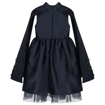Girls Navy Blue Crystal Cape Sleeve Dress