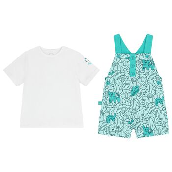 Baby Boys White & Green Dungaree Set 