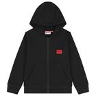 Boys Black Logo Hooded Zip Up Top, 1, hi-res