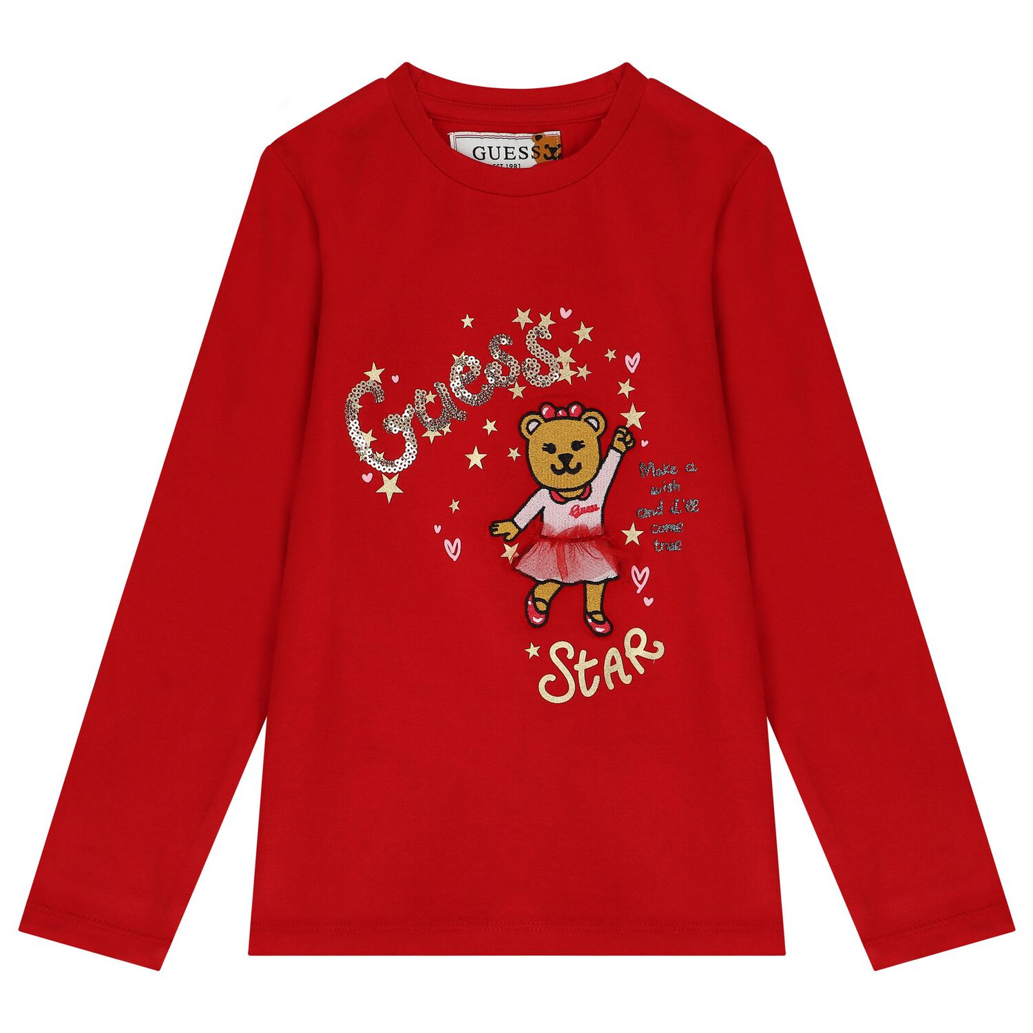 Girls Red Teddy Bear Logo Long Sleeve Top, 1, hi-res image number null