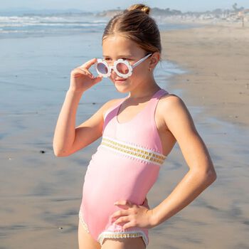 Girls Pink Embroidered Swimsuit