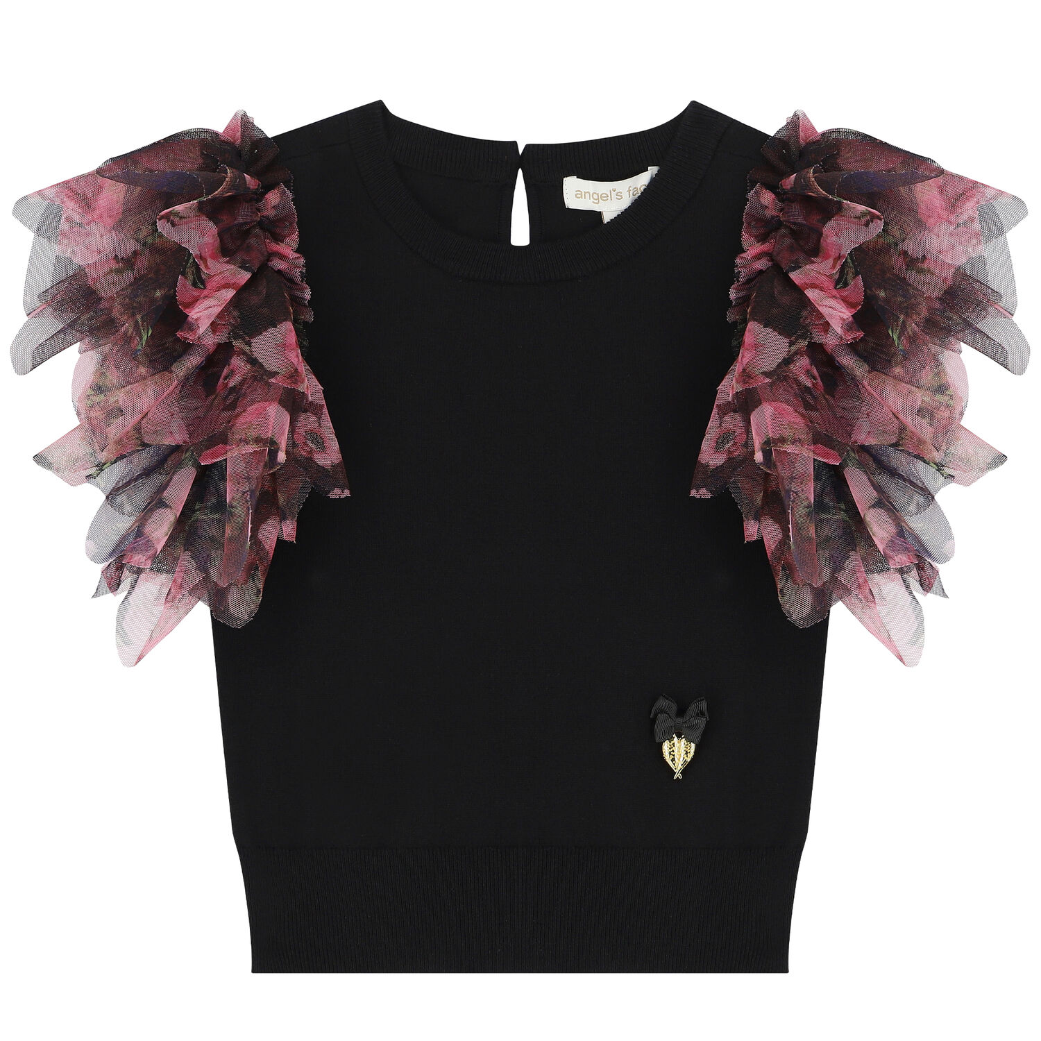 Girls Black Tulle Knitted Top, 2, hi-res image number null