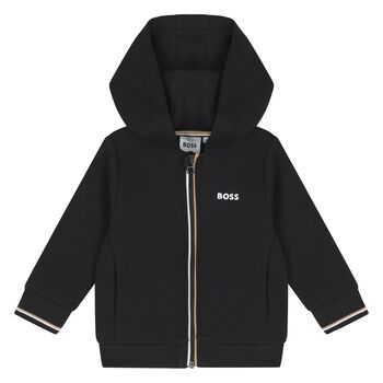 Younger Boys Black Logo Hooded Zip Up Top