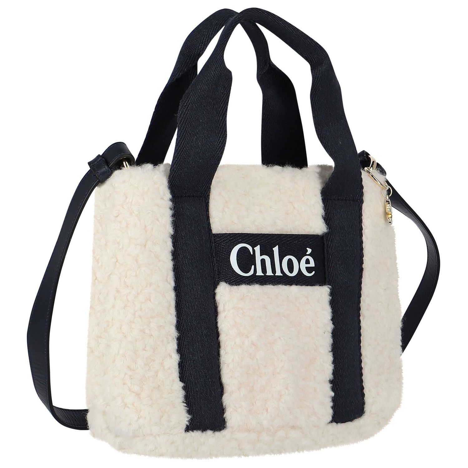 Girls Ivory & Navy Blue Sherpa Fleece Bag, 1, hi-res