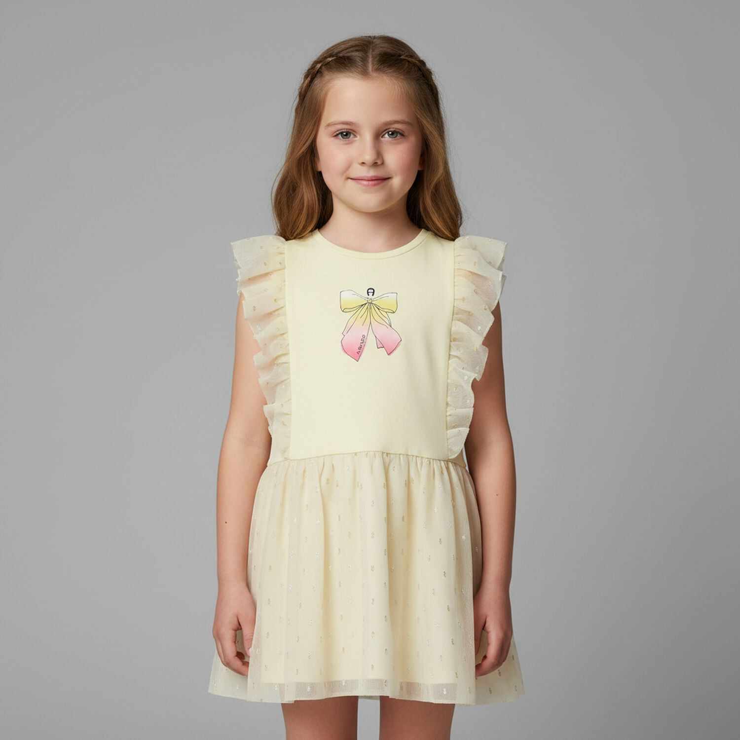 Girls Yellow Bow Logo Dress, 1, hi-res