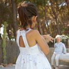 Girls White & Blue Cotton Dress, 1, hi-res