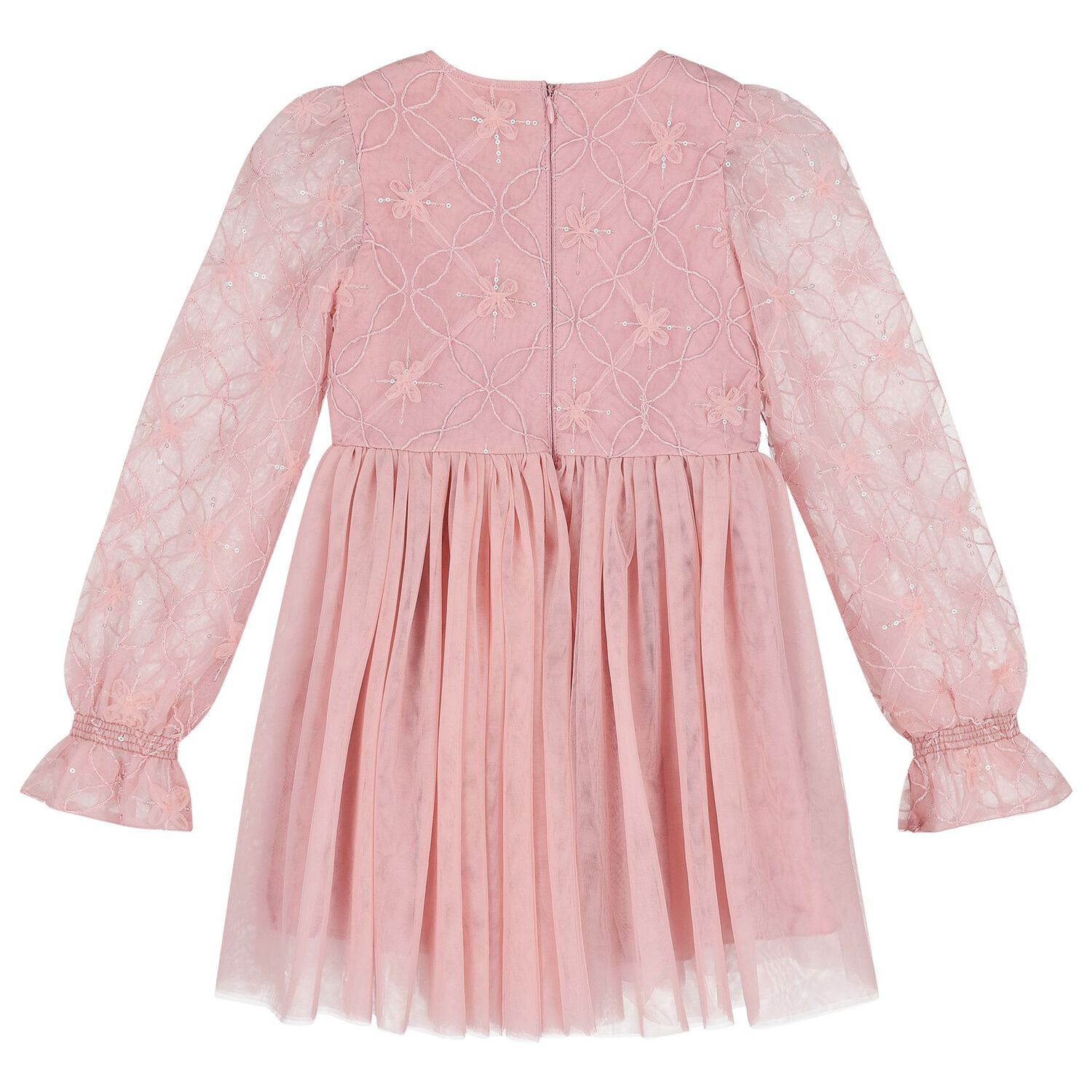 Girls Pink Petal Embroidered Tulle Dress, 1, hi-res