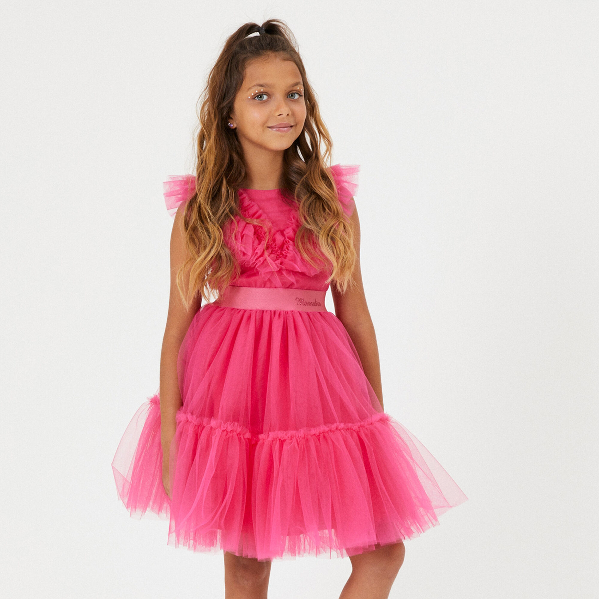Monnalisa Girls Pink Ruffled Tulle Dress Junior Couture UK
